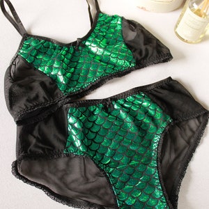 green mermaid lingerie, sparkly fishscale bralette, hologram mermaid set image 2