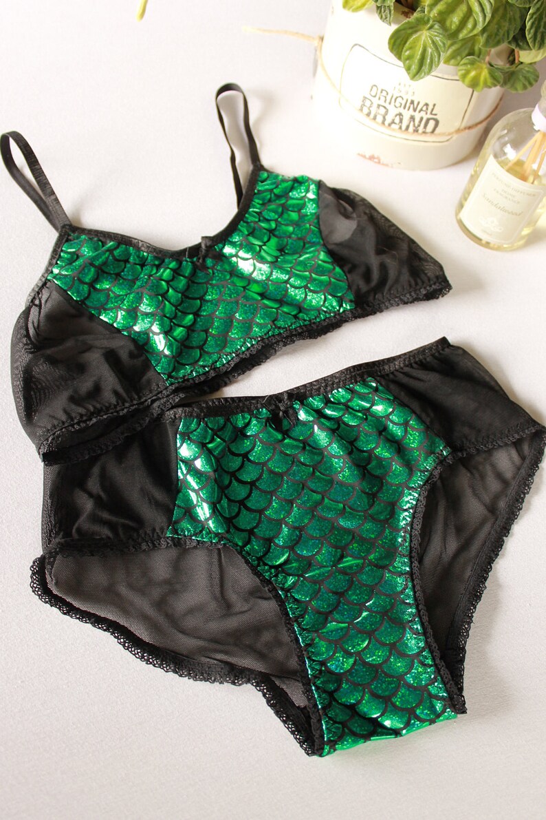 green mermaid lingerie, sparkly fishscale bralette, hologram mermaid set image 2