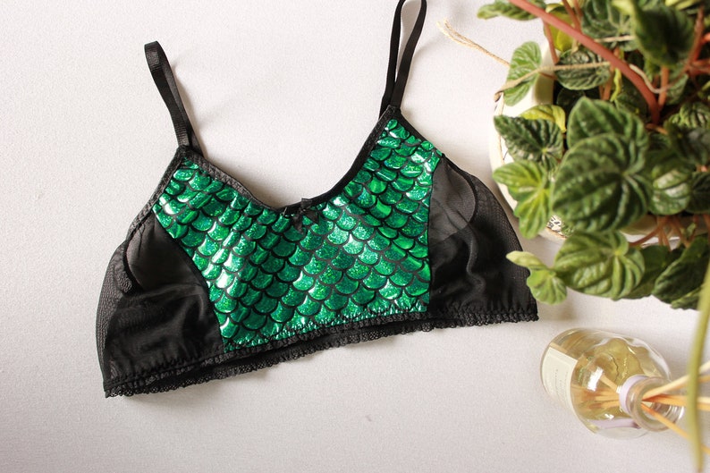 green mermaid lingerie, sparkly fishscale bralette, hologram mermaid set image 3