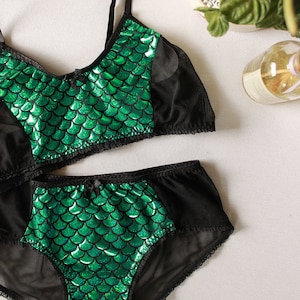 green mermaid lingerie, sparkly fishscale bralette, hologram mermaid set image 1