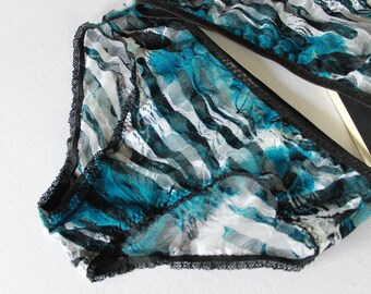 blue mesh panties, modern minimalist lace hipster, zebra print lingerie