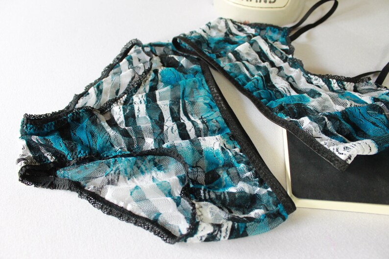 Blue Mesh Panties, Modern Minimalist Lace Hipster, Zebra Print Lingerie