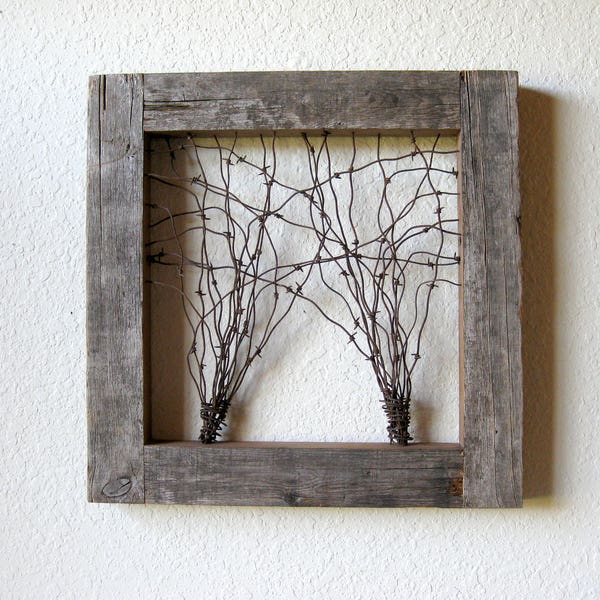 Reclaimed Barn Wood and Barbed Wire Tree Wall Art ~ 22.25" x 22.25" ~ Thick Wood Frame