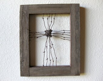 Reclaimed Barn Wood and Barbed Wire Cross Wall Art ~ 19.5" high x 16" wide ~ Thick Barn Wood Frame 2.5" wide ~ Farmhouse