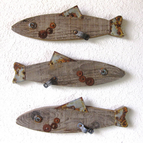 Reclaimed Barn Wood and Salvaged Metal Found Object Assemblage Art Fish ~ Set of 3