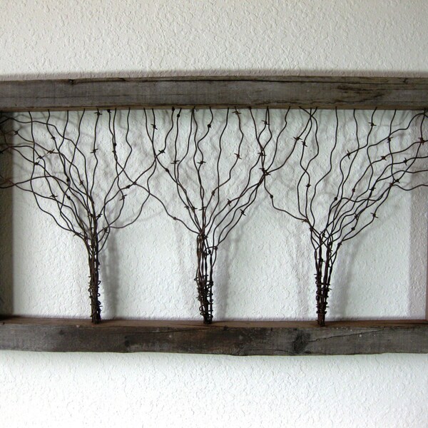 Large Reclaimed Barn Wood and Barbed Wire Tree Wall Art ~ Three Framed Barbed Wire Trees ~ 43" Wide!