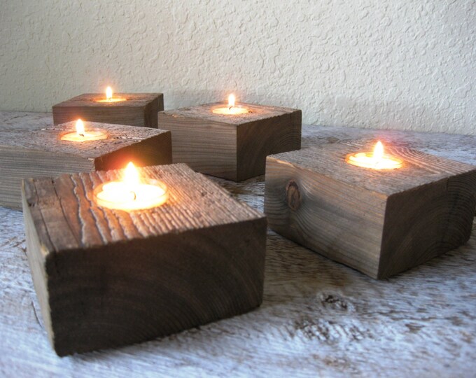 Reclaimed Barn Wood Block Tea Light Candle Holders Set of 5 Etsy