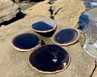 Gold Rimmed Authentic Brazilian Agate Coasters - Black - Agate sets