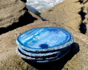 Agate Coaster Set of 4 - Natural Rimmed Authentic Brazilian Agate Coasters - Blue