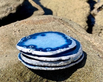 Silver Rimmed Authentic Brazilian Agate Coasters -Blue Agate Geode Sets w/ Rubber Bumpers