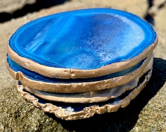 Gold Rimmed Authentic Brazilian Agate Coasters - Blue - Agate sets