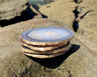 Gold Rimmed Authentic Brazilian Agate Coasters - Natural - Agate sets