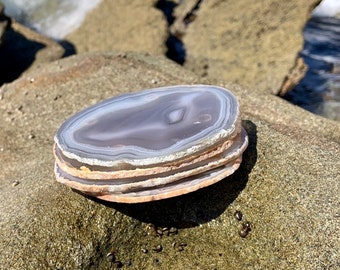 Natural Agate Coasters – Set of 4 Polished Stone Drink Coasters | Raw Edge Crystal Slice | Brazilian Agate Gift for Home