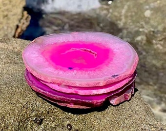 Agate Coaster Set of 4 - Natural Rimmed Authentic Brazilian Agate Coasters - Pink