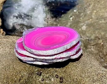 Silver Rim Agate Coasters - Set of 4 Polished Brazilian Stone Slices