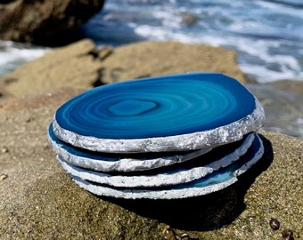 Silver Rimmed Authentic Brazilian Agate Coasters -Teal - Agate sets