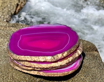 Gold Rimmed Authentic Brazilian Agate Coasters - Pink - Agate sets