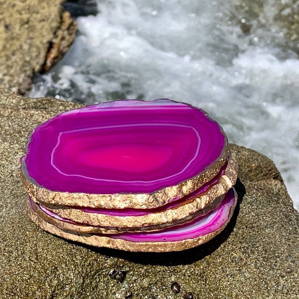 Gold Rimmed Authentic Brazilian Agate Coasters - Pink - Agate sets
