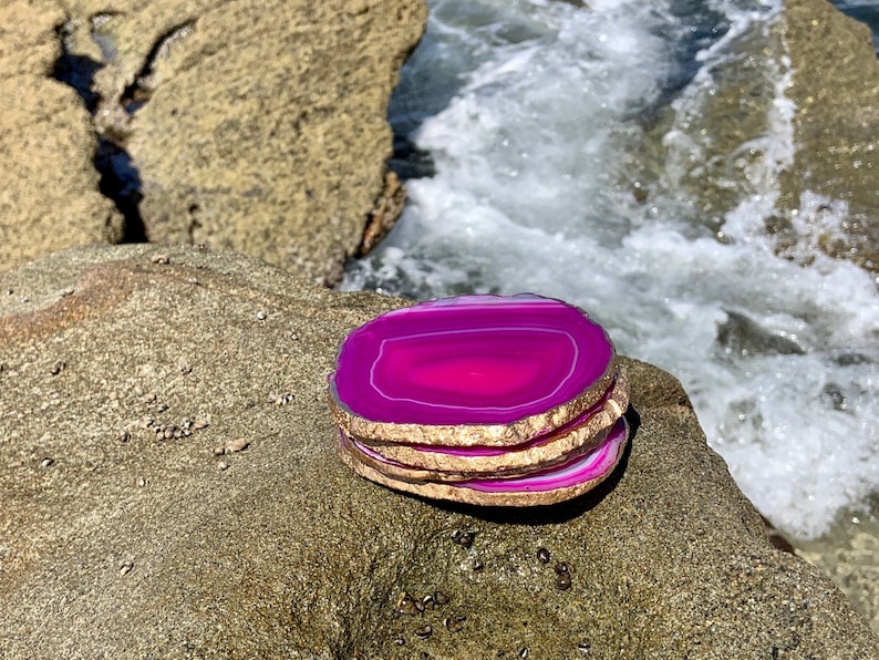 Gold Rimmed Authentic Brazilian Agate Coasters - Pink - Agate sets