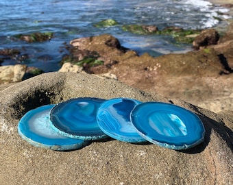 Natural Agate Coasters – Set of 4 Polished Stone Drink Coasters | Raw Rim Geode Slice | Crystal Hostess Gift