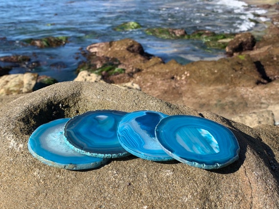 Natural Agate Coasters – Set of 4 Polished Stone Drink Coasters | Raw Rim Geode Slice | Crystal Hostess Gift