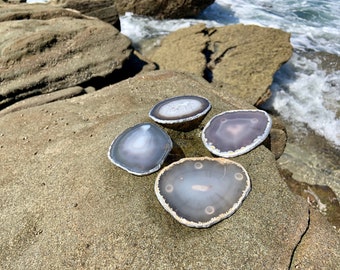 Silver Rimmed Authentic Brazilian Agate Coasters - Natural Agate Geode Sets w/ Rubber Bumpers