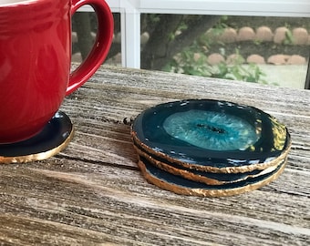 Gold Rimmed Authentic Brazilian Agate Coasters -Teal - Agate sets