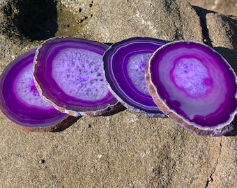 Purple Agate Coaster Set of 4 - Natural Rimmed Authentic Brazilian Agate Coasters - Geode set
