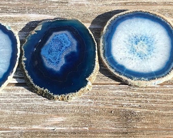 Agate Coaster Set of 4 - Natural Rimmed Authentic Brazilian Agate Coasters - Blue