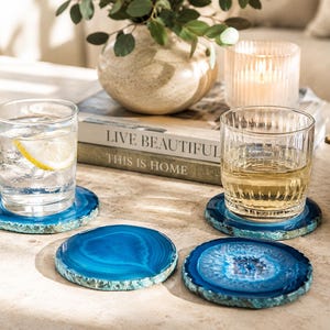 Brazilian Agate Teal Coasters | Set of 4 Genuine Natural Stone Drink Coasters image 2