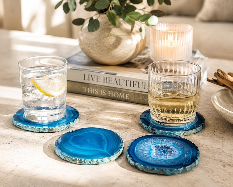 Brazilian Agate Teal Coasters | Set of 4 Genuine Natural Stone Drink Coasters image 2