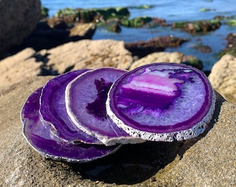 Silver Rimmed Authentic Brazilian Agate Coasters -Purple Agate Geode Sets w/ Rubber Bumpers