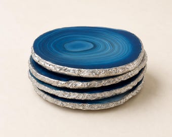 Silver Rimmed Authentic Brazilian Agate Coasters -Teal - Agate sets