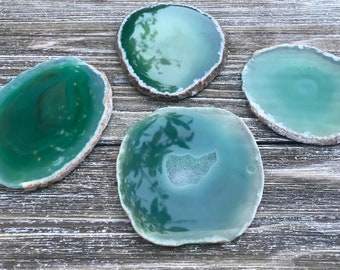 Agate Coaster Set of 4 - Natural Rimmed Authentic Brazilian Agate Coasters - Green