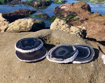 Silver Rimmed Authentic Brazilian Agate Coasters -Black Agate Geode Sets w/ Rubber Bumpers