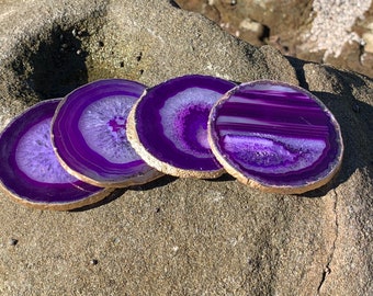 Gold Rimmed Authentic Brazilian Agate Coasters - Purple - Agate sets