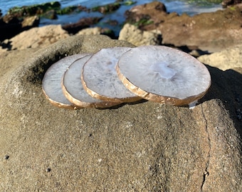 Gold Rimmed Authentic Brazilian Agate Coasters - White - Agate sets