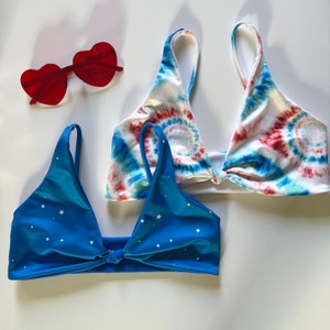BIKINI TOP 4th of July Center Knot Swim Top- Blue Star Print - Red White and Blue Tie Dye