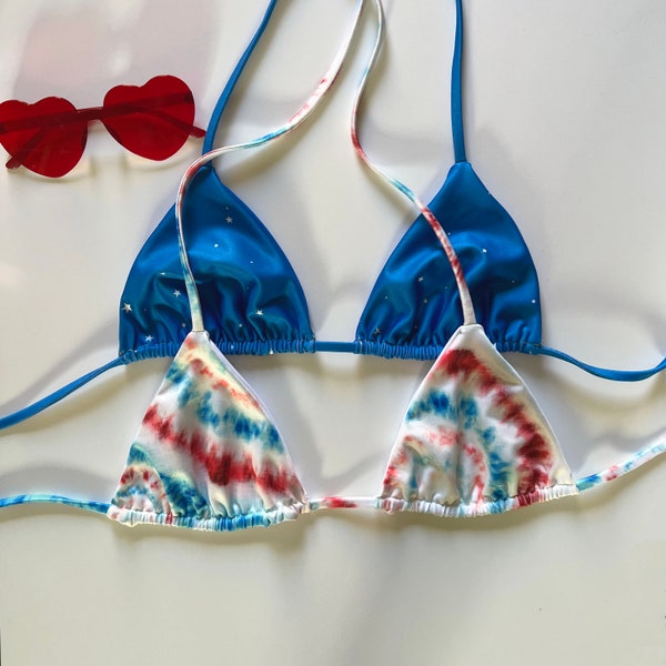 BIKINI TOP 4th of July Triangle Swim Top- Blue Star Print - Red White and Blue Tie Dye