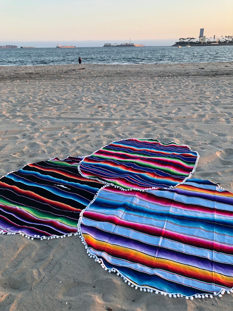 Round Beach Blanket Colorful Mexican Serape Blanket With Pom Etsy