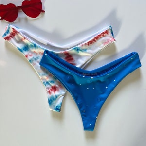 BIKINI BOTTOM 4th of July Print Cheeky Swim Bottoms - Blue star or red white and blue tie dye print