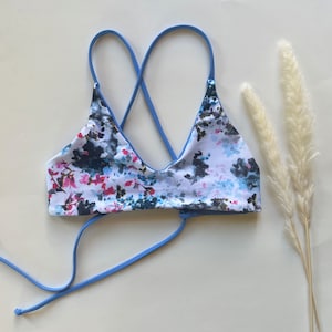 Reversible Scoop Tie Bikini Top - Blue floral print Handmade Bikini- Handmade Swimwear- Tie Back Bikini Top- Women&#39;s Swimwear