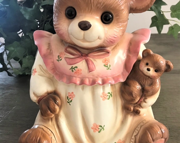 Mama Bear Cookie Jar, Glass Eyed Bear Cookie Jar, 1980s Ceramic Cookie