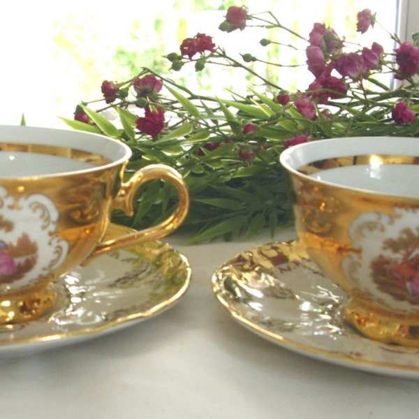 Bavaria Vintage Gold Tea Cups Rare 24kt. Gold Tea Cups Set of 2 made in Germany