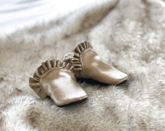 Gold Moccasins - Vegan Moccs - Gold Baby Shoes - Gold Fringe Shoes - Gold Soft Sole Shoes - Baby Shower Gift - 1st Birthday - Newborn
