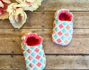 Pastel Diamond Baby & Toddler Moccasins - Geometric Soft Sole Crib Shoes - Teal Pink Gold Metallic Nonslip Booties - Girl Baby Shower Gift