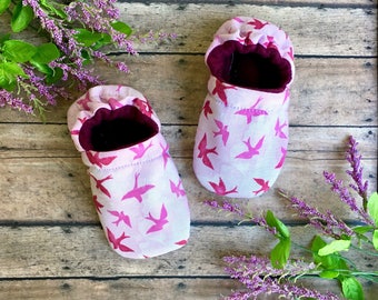 Pink Birds Baby & Toddler Moccasins - Pink Soft Sole Crib Shoes - Bird Stay On Booties - Nonslip Pink Baby Slippers - Baby Girl Shower Gift