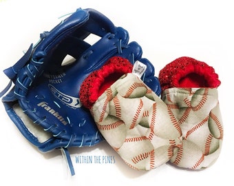 Baseball Moccasins - Baseball Moccs - Baseball Baby Shoes - Sports Baby Shoes - Tee Ball Moccs - Sports Clothing - Red Glitter Moccs