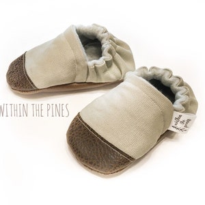 Grey Canvas Moccasins - Grey Baby Shoes - Canvas Moccs - Brown Leather Moccs - Vegan Moccasins - Grey Loafers - Baby Shower Gift - Toe Guard