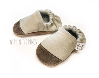 Grey Canvas Moccasins - Grey Baby Shoes - Canvas Moccs - Brown Leather Moccs - Vegan Moccasins - Grey Loafers - Baby Shower Gift - Toe Guard